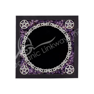 Amethyst Chips Scrying Mirror with Black Leather Frame