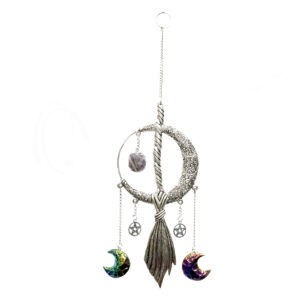 Moon & Broom Hanging Silver Metal Wire 12″H X 3.5″W