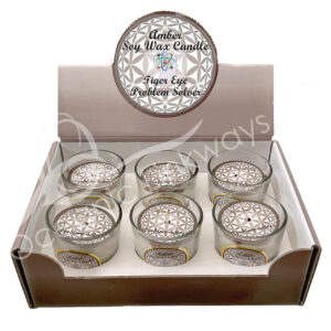 Amber Scented Votive Candles made with Soy Wax & Decorated with Tiger Eye Chips Stones for Problem Solver in a Pop Up Display 2.25-2.5"H X 2.25"Dia.