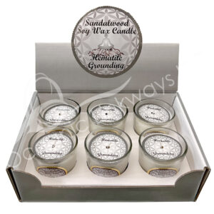 Sandalwood Scented Votive Candle made of Soy Wax & Decorated with Hematite Chips Stones for Grounding in a Pop Up Display 2.25-2.5"H X 2.25"Dia.