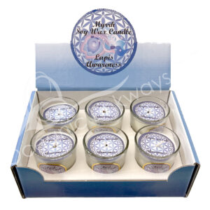 Myrrh Scented Votive Candles made of Soy Wax & Decorated with Lapis Lazuli Chips Stones for Awareness in a Pop Up Display 2.25-2.5"H X 2.25"Dia.