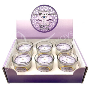 Patchouli Scented Votive Candles made of Soy Wax & Decorated with Crystal Quartz Chips Stones for Clarity in a Pop Up Display 2.25-2.5"H X 2.25"Dia.