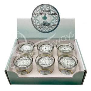 Opium Scented Votive Candle made of Soy Wax & Decorated with Green Aventurine Chips Stones for Good Luck in a Pop Up Display 2.25-2.5"H X 2.25"Dia.