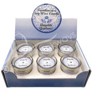 Frankincense Scented Votive Candles made of Soy Wax & Decorated with Angelite Chips Stones for Guidance in a Pop Up Display 2.25-2.5"H X 2.25"Dia.
