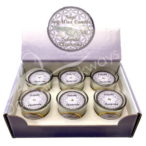 Sage Scented Votive Candle made of Soy Wax & Decorated with Selenite Chips Stones for Cleansing in a Pop Up Display 2.25-2.5"H X 2.25"Dia.