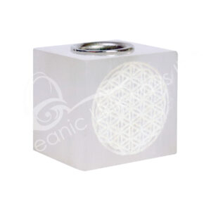 Selenite with Flower of Life Engraved on Mini Candle Holder Cube