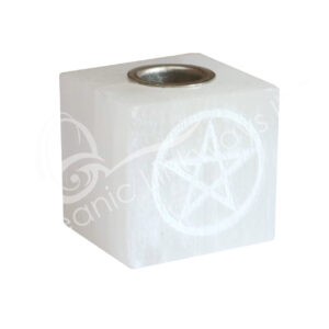 Pentacle Engraved on Selenite Mini Candle Holder Cube 1.25"