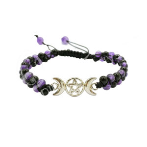 Adjustable Double Row Bracelet with Triple Moon Charm, Black Agate and Amethyst