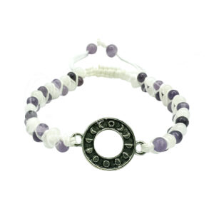 Adjustable Double Row Bracelet with Moon Phases Charm and Rainbow Moonstone and Lepidolite