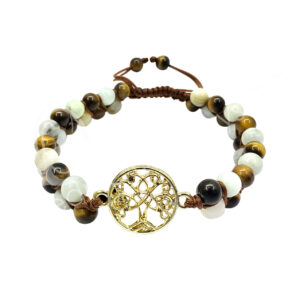 Adjustable Double Row Bracelet with Tree of Life charm with Mixed Amagonite and Tiger Eye