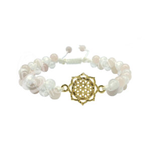 Adjustable Double Row Bracelet with Flower of Life in Lotus Charm, Selenite and Rose Quartz