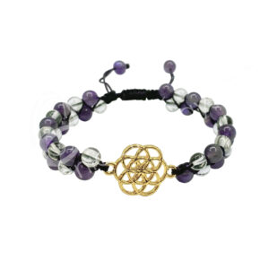 Adjustable Double Row Bracelet with Seed of Life Charm, Amethyst and Crystal Quartz