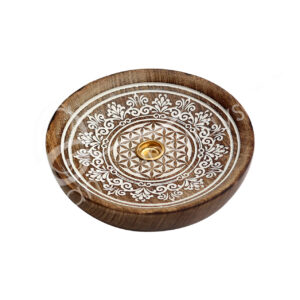 Flowers Laser Engraved Mango Wood Incense Holder 5" Diameter