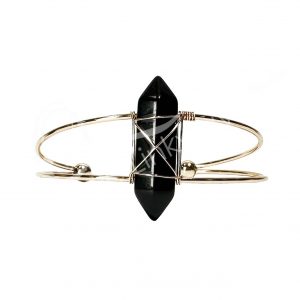 Black Obsidian Double Terminated Point Adjustable Brass Bracelet