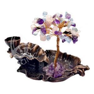 Backflow Cone Burner with Rose Quartz, Aquamarine and Amethyst Stones Gem Tree and Metal Lotus