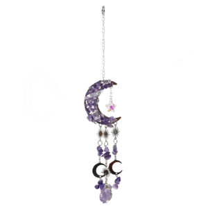 Silver Metal Moon Hanging with Amethyst Chips