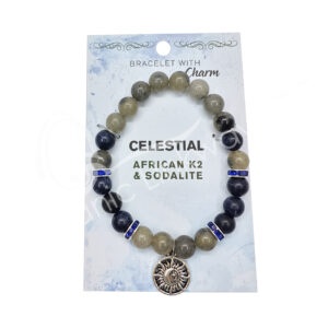 African K2 & Sodalite Beads Bracelet with Celestial Charm