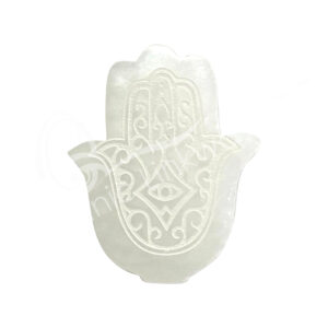 Engraved Hand of Fatima Selenite Incense Holder