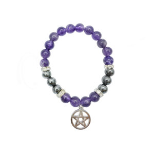 Amethyst and Hematite with Pentacle Charm Elastic Bracelet