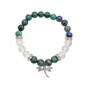 Dyed Chrysocolla and Crystal Quartz with Dragonfly Charm Elastic Bracelet