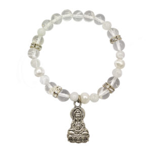 Crystal Quartz and Rainbow Moonstone Pearls with Kwan Yin Charm Elastic Bracelet