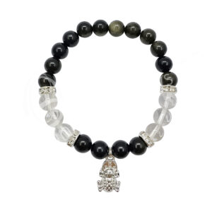 Golden Sheen Obsidian and Crystal Quartz with Frog Charm Elastic Bracelet