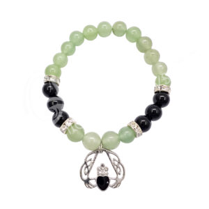 Green Aventurine and Black Onyx with Claddagh Charm Elastic Bracelet