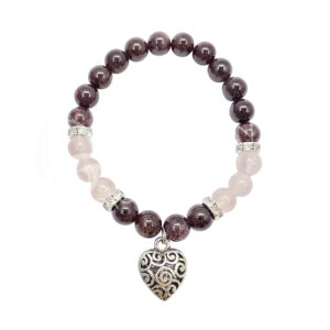 Garnet and Rose Quartz with Heart Charm Elastic Bracelet