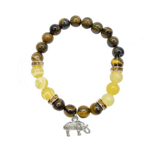 Tiger Eye and Honey Jade with Elephant Charm Elastic Bracelet