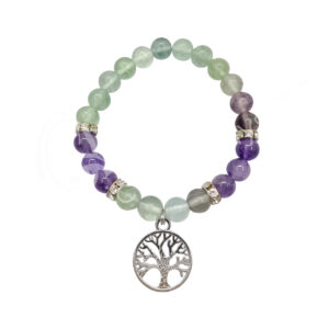 Fluorite and Amethyst with Tree of Life Charm Elastic Bracelet