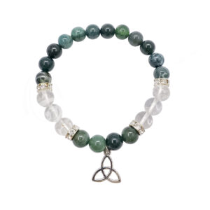 Green Moss Agate and Crystal Quartz with Triquetra Charm Elastic Bracelet