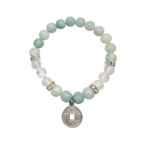 Amazonite and Crystal Quartz with Chinese Coin Charm Elastic Bracelet