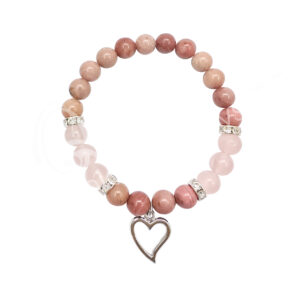 Rhodonite and Rose Quartz with Heart Charm Elastic Bracelet