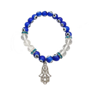 Evil Eye and Crystal Quartz with Hand of Fatima Charm Elastic Bracelet