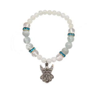 Rainbow Moonstone and Aquamarine with Angel Charm Elastic Bracelet