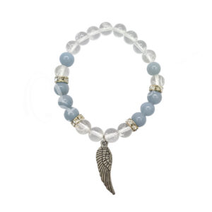 Angelite and Crystal Quartz with Angel Wing Charm Elastic Bracelet