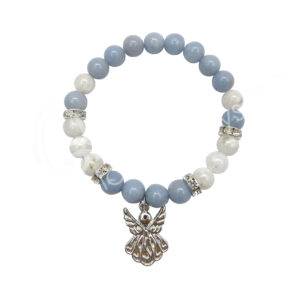 Angelite and Rainbow Moonstone with Angel Charm Elastic Bracelet