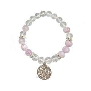 Crystal Quartz and Kunzite with Flower of Life Charm Elastic Bracelet