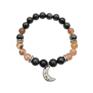 Rainbow Obsidian and Strawberry Quartz with Moon Charm Elastic Bracelet