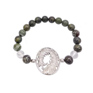 Dragonblood Jasper and Crystal Quartz with Dragon Charm Elastic Bracelet