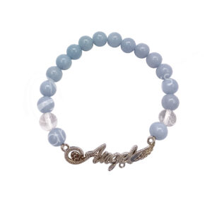 Angelite and Crystal Quartz with Angel Charm Elastic Bracelet