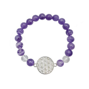 Amethyst and Crystal Quartz with Flower of Life Charm Elastic Bracelet