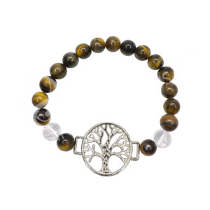 Tiger Eye and Crystal Quartz with Tree of Life Charm Elastic Bracelet