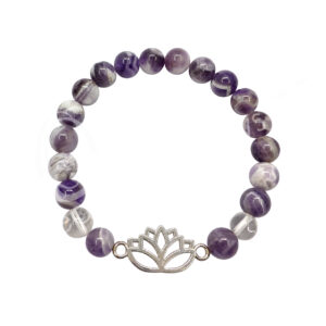 Chevron Amethyst and Crystal Quartz with Lotus Charm Elastic Bracelet