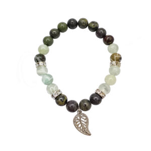 Dragonblood Jasper and Prehnite with Leaf Charm Elastic Bracelet