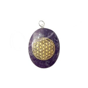 Lepidolite Worry Stone Pendant Flower of Life Design