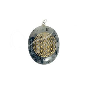 Rainbow Moonstone with Engraved Gold Flower of Life Worry Stones Pendant