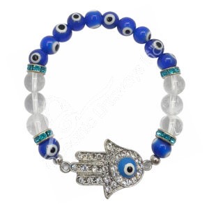 Evil Eye Glass Beads Crystal Quartz Bracelet with Hand of Fatima 8 mm 7.25"