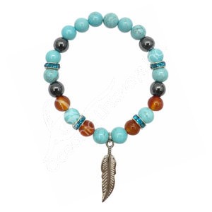 Carnelian, Hematite & Turquoise Beads Bracelet with Feather Charm