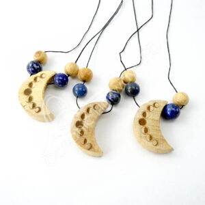 Necklace Half Moon with Moon Phases Engraved and 2 Beads of Palo Santo and Sodalite 32"L